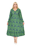 Melsay Butik Kışlık Robalı Yumoş Uzun Kollu Yeşil Dantel Desenli Elbise
