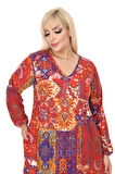 Melsay Butik Kışlık Robalı Yumoş Uzun Kollu Kırmızı Etnik Desen Elbise