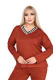 Melsay Butik Tarçın Şerit Detaylı V Yaka Eşofman Takımı