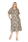Melsay Butik Kadın Büyük Beden Eteği Fırfırlı Bej Yaprak Desen Cepli Elbise