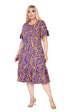 Melsay Butik Kadın Büyük Beden Eteği Fırfırlı Mor Yaprak Desen Cepli Elbise