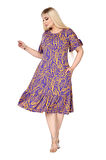 Melsay Butik Kadın Büyük Beden Eteği Fırfırlı Mor Yaprak Desen Cepli Elbise