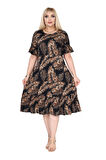 Melsay Butik Siyah Başak Desen Büyük Beden Eteği Fırfırlı Cepli Elbise