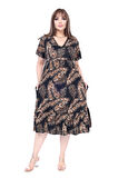 Melsay Butik Göğüsten Robalı V Yaka Kısa Kollu Siyah Başak Desen Cepli Elbise