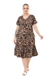 Melsay Butik Göğüsten Robalı V Yaka Kısa Kollu Leopar Desen Cepli Elbise