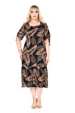Melsay Butik Siyah Başak Desen Kolları Bağlamalı Kısa Kollu Elbise