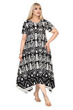 Melsay Butik Beyaz Retro Desen Asimetrik Kısa Kollu Elbise