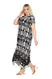 Melsay Butik Beyaz Retro Desen Asimetrik Kısa Kollu Elbise