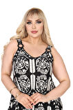 Melsay Butik Askılı V Yaka Toka Detaylı Beyaz Retro Desen Elbise