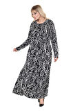 Melsay Butik Siyah Yaprak Desen Uzun Kollu Kadın Tesettür Elbise