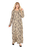Melsay Butik Krem Yaprak Desen Uzun Kollu Kadın Tesettür Elbise