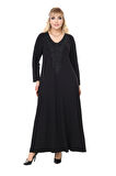 Melsay Butik Siyah Uzun Kollu Güpür Yaka Uzun Elbise