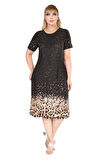 Melsay Butik Siyah Puanlı Leopar Desen A Kesim Midi Elbise