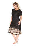 Melsay Butik Siyah Puanlı Leopar Desen A Kesim Midi Elbise