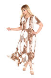 Melsay Butik Kahve Vintage Desen Asimetrik Kısa Kollu Elbise
