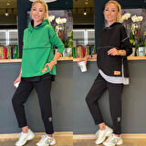 Kadın Yeşil Kapşonlu Etek Ucu Detay Arma Ters Dikiş Gorunumlu Ikili Takım