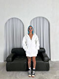 Oversize Tam Fermuarlı Uzun Kol Hırka - Beyaz