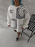 Desenli Üç İplik Bisiklet Yaka Oversize SweatShirt - Beyaz