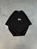 Unisex Bisiklet Yaka Baskılı Oversize T-Shirt - Siyah