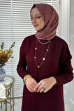 Zebra Desen Triko Elbise Bordo