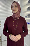 Zebra Desen Triko Elbise Bordo