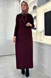 Zebra Desen Triko Elbise Bordo
