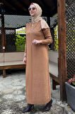Zebra Desen Triko Elbise Camel