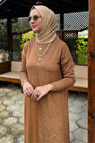 Zebra Desen Triko Elbise Camel
