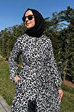 Leopar Desenli Elbise Siyah