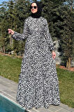 Leopar Desenli Elbise Siyah
