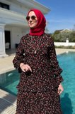 Mine Elbise Turuncu Çiçekli Siyah