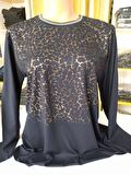 Leopar Desenli Taş Detaylı Anne Bluz - Lacivert