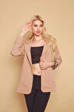 Yakalı Cepli Uzun Kol Katlamalı Blazer Kumaş Ceket-Bej