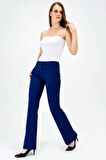 Kalın Kemerli Cepli İspanyol Bol Paça Likralı Kumaş Pantolon-İndigo