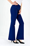 Kalın Kemerli Cepli İspanyol Bol Paça Likralı Kumaş Pantolon-İndigo
