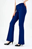 Kalın Kemerli Cepli İspanyol Bol Paça Likralı Kumaş Pantolon-İndigo