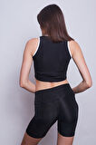 Kadın Yüksek Bel Toparlayıcı Kısa Biker Diz Üstü Şort Tayt-Siyah