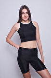 Kadın Yüksek Bel Toparlayıcı Kısa Biker Diz Üstü Şort Tayt-Siyah