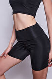 Kadın Yüksek Bel Toparlayıcı Kısa Biker Diz Üstü Şort Tayt-Siyah