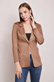 Süet Kumaş Cep Detaylı Düğmeli Şık Blazer Ceket-Camel