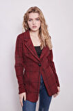 Ekose Desenli Yakalı Uzun Kol Tek Düğme Yünlü Kumaş Blazer Ceket-Bordo Ekose 