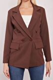 Kadın Düğme Detaylı Uzun Kol Şık Ofis Süs Cep Kapaklı Kumaş Blazer Ceket-Kahve