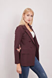 Kadın Düğme Detaylı Uzun Kol Şık Ofis Süs Cep Kapaklı Kumaş Blazer Ceket-Mürdüm
