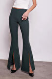 Kadın Yüksek Bel Önü Dikişli Paçası Yırtmaçlı İspanyol Paça Likralı Pantolon-Zümrüt
