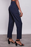 Yüksek Bel Kemerli Pile Ve Düğme Detaylı Şık Kumaş Pantolon -Lacivert