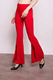 Kadın Yüksek Bel Önü Dikişli Yırtmaçlı İspanyol Paça Likralı Kumaş Pantolon -Kırmızı