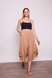 İç Göstermez Viskon Poplin Yüksek Bel Bol Paça Büzgülü Pantolon -Camel 