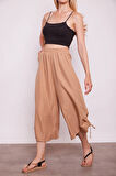 İç Göstermez Viskon Poplin Yüksek Bel Bol Paça Büzgülü Pantolon -Camel 