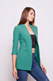 Hakim Yaka Flato Cepli Kolu Yırtmaçlı Uzun Blazer Pamuklu Likralı Kumaş Ceket -Yeşil