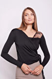 Dantel Detaylı Anvelop Kruvaze Uzun Kol Likralı Bluz-Siyah